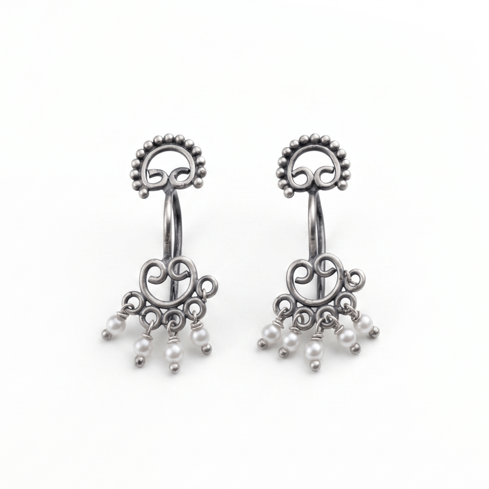 Silver Gopadma Bugadi earrings with pearl accents