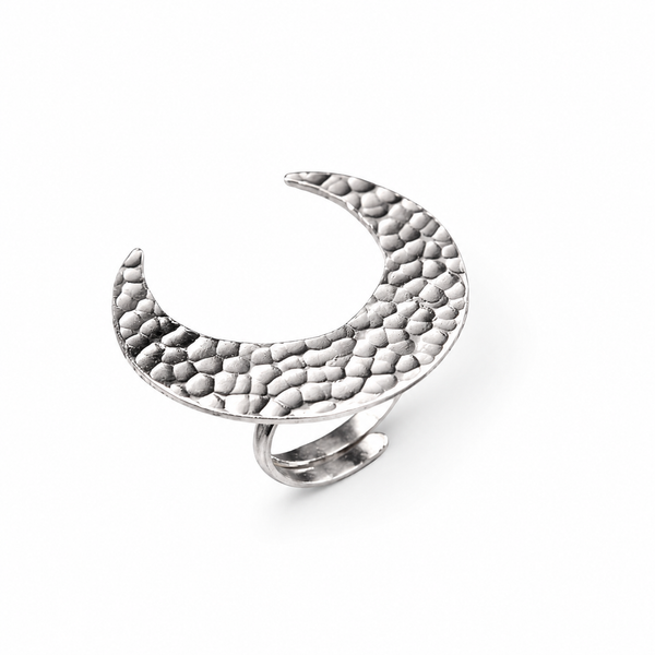 Silver Hammered Crescent Moon Shaped Ring