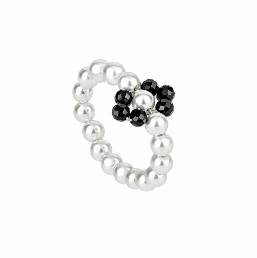 Silver Pearl Ring with Black Spinel