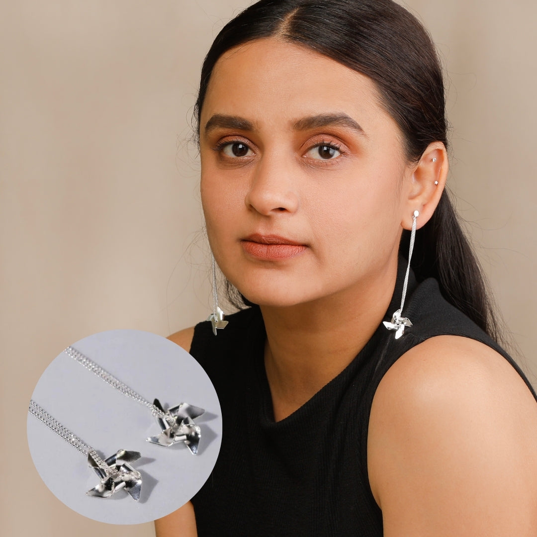 Pinwheel Chain - Fold Earring ( Shiny Silver Earring )