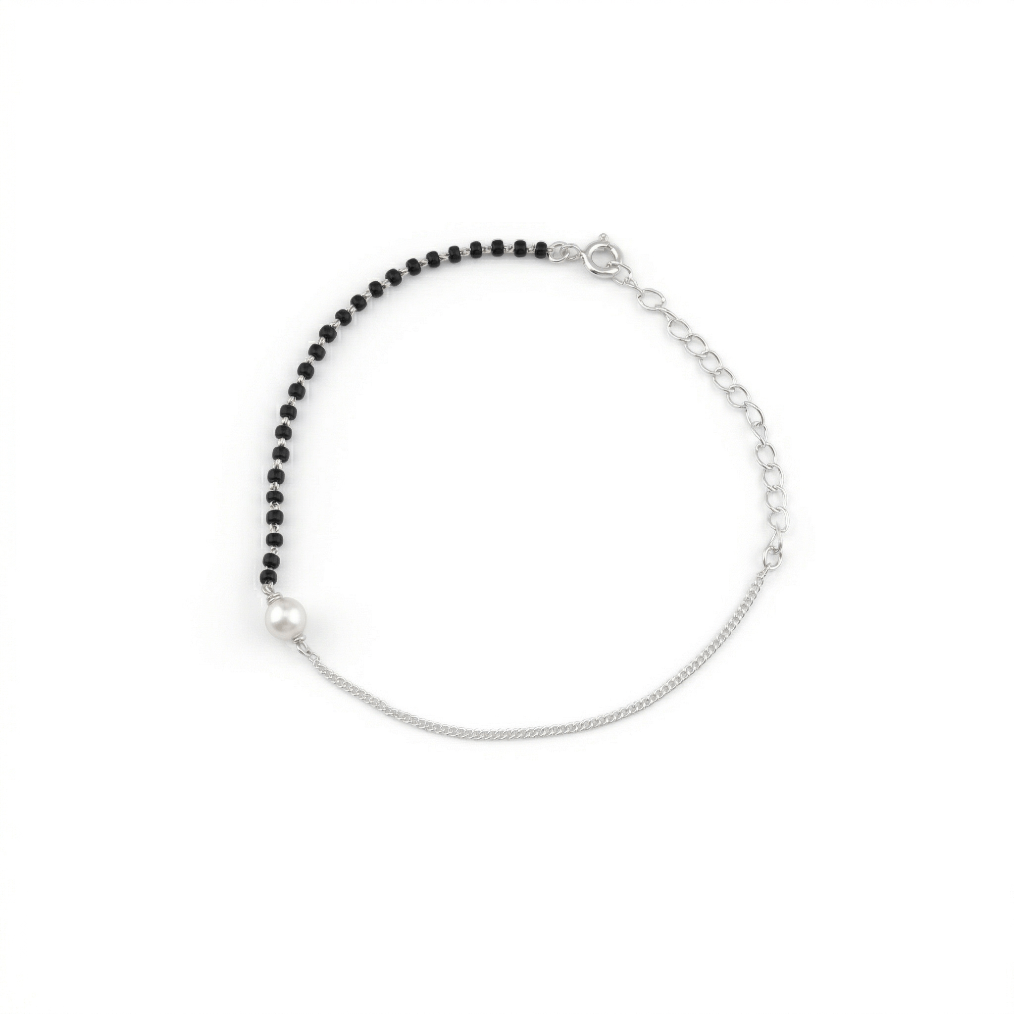 Silver pearl mangalsutra bracelet with black beads and chain