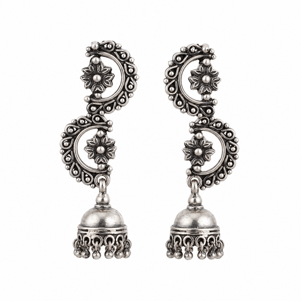 Sterling silver statement filigree Vel Jhumki earrings with floral motifs and dangling bell-shaped charms