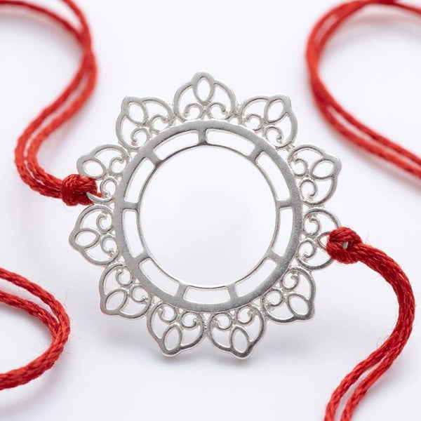 Close-up of Big Filigree Silver Rakhi showcasing intricate filigree detailing and premium sterling silver craftsmanship