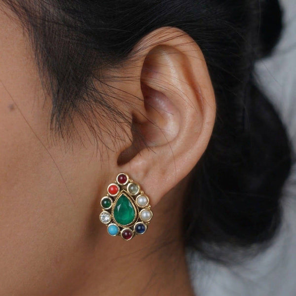 Model wearing Brass Fashion Earrings for a stylish and contemporary fashion jewellery look