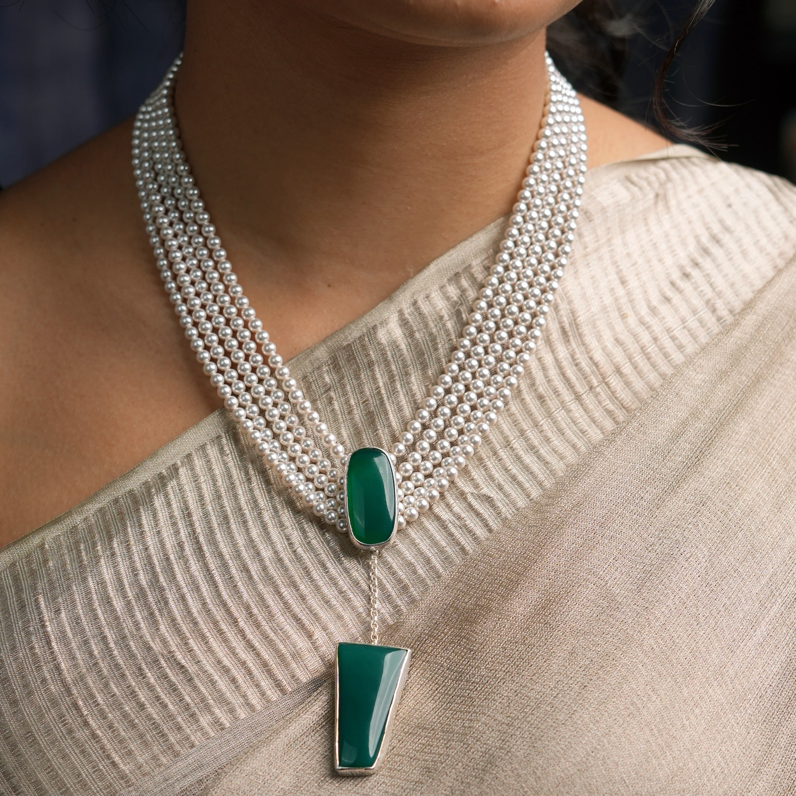 Luxe Necklace – Green Onyx & Pearls