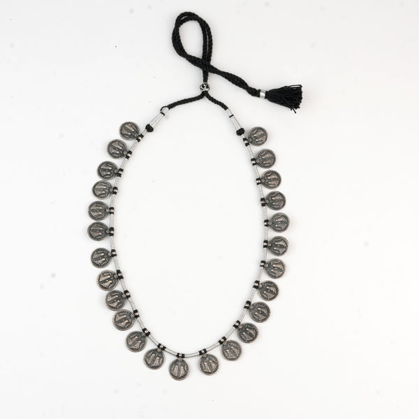 Silver Oxidised Putali Coin Necklace with Black Thread