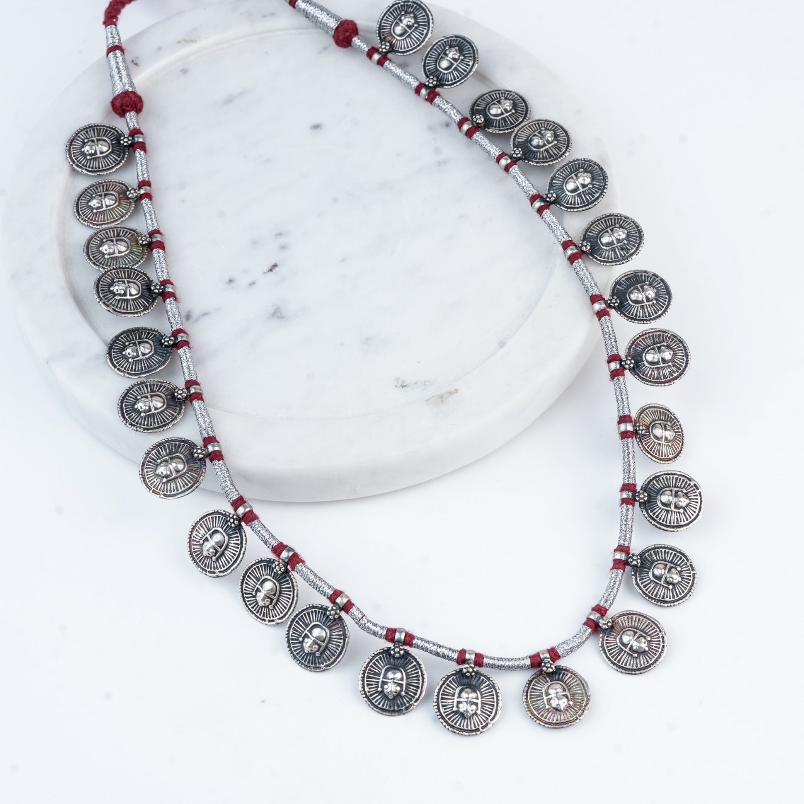 Silver Oxidised Coin Putali Necklace with Red Thread