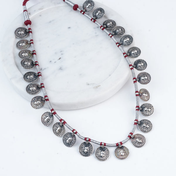 Silver Oxidised Coin Putali Necklace with Red Thread