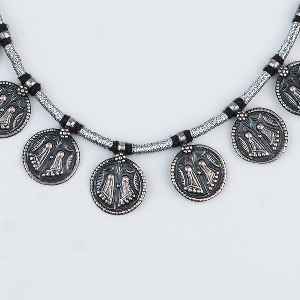 Silver Oxidised Putali Coin Necklace with Black Thread