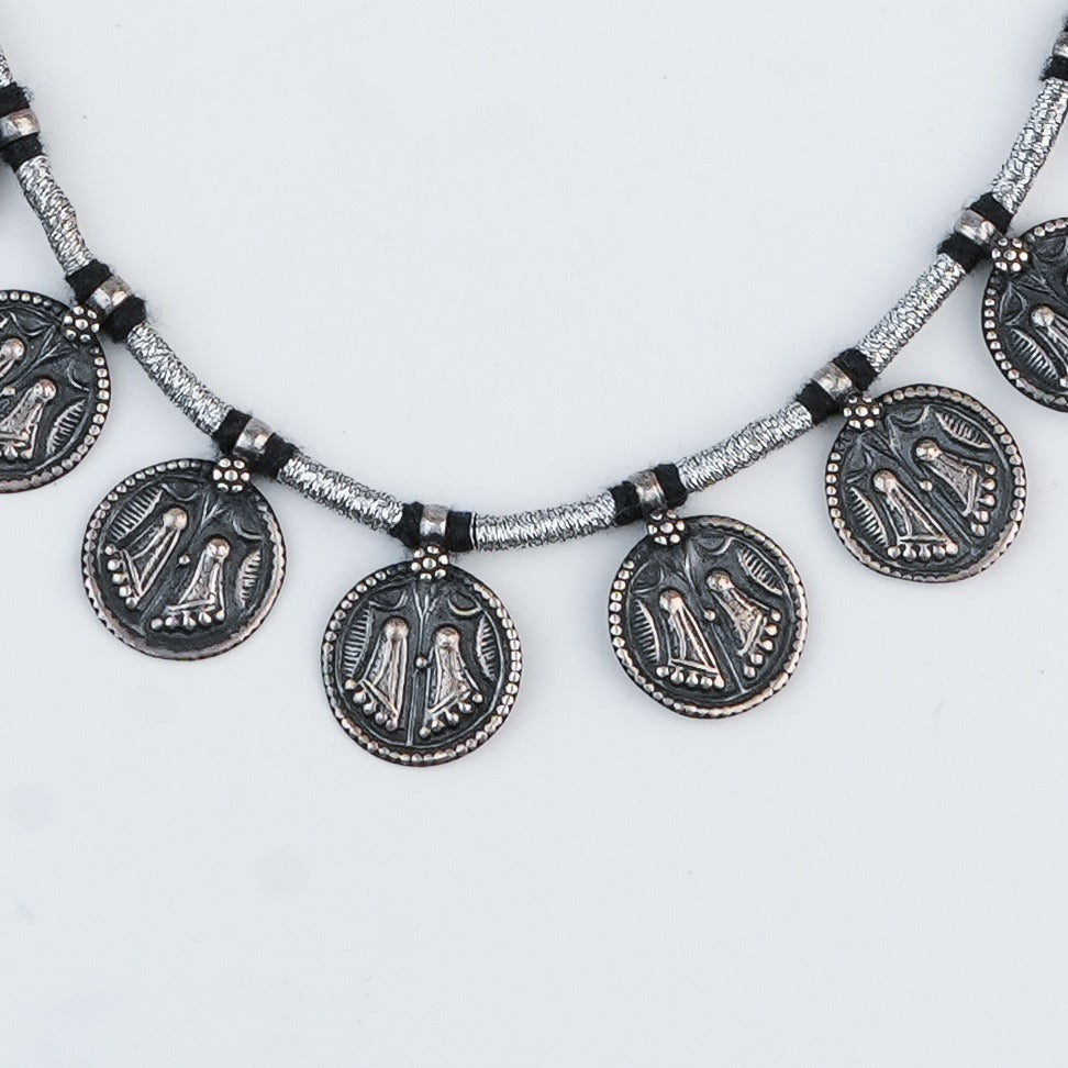 Silver Oxidised Putali Coin Necklace with Black Thread