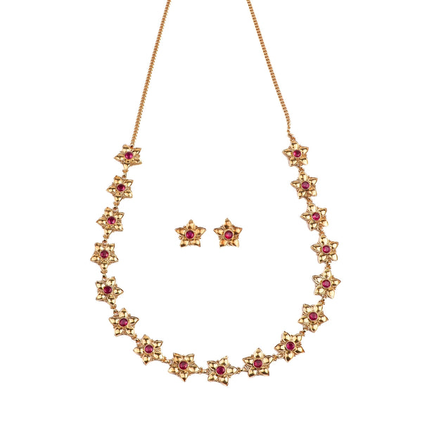 Gold-plated floral necklace set with pink stones for festive jewelry