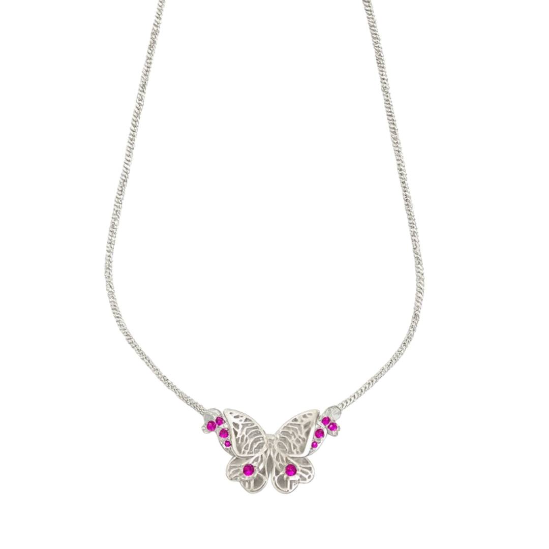 Silver CZ butterfly pendant necklace with pink stones
