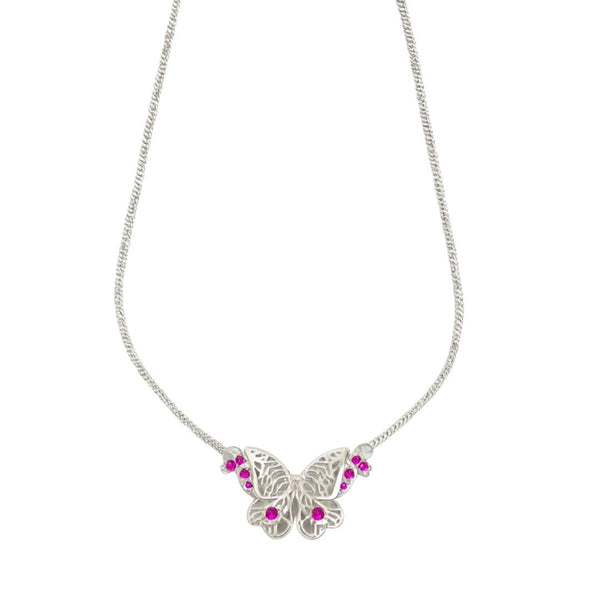 Silver CZ butterfly pendant necklace with pink stones