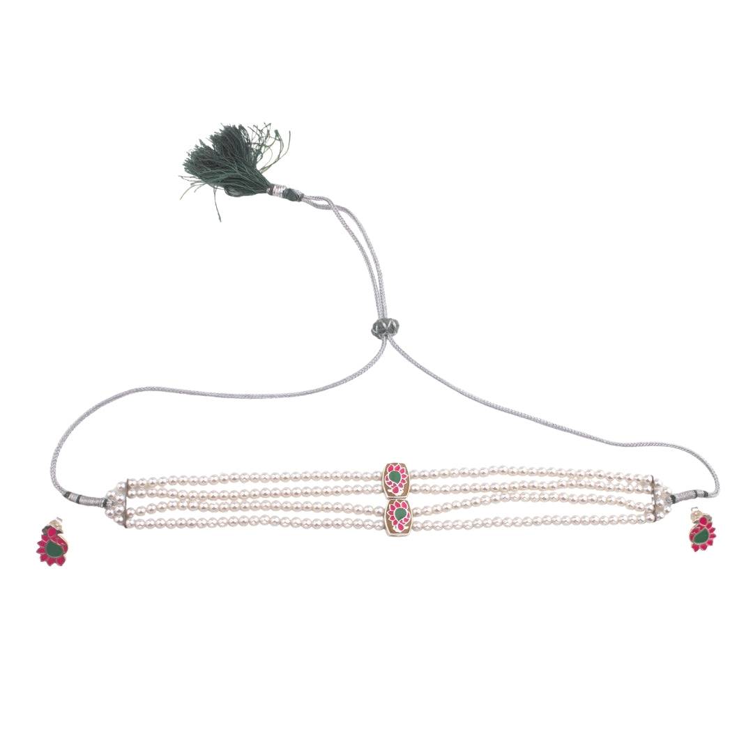 Pearl Meena Pendant Choker set with Pink and Green accents