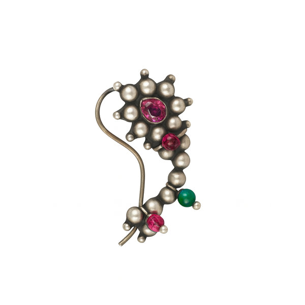 Silver Itihaas Chandra Nath (Left, Pierced) with pink and green gemstones
