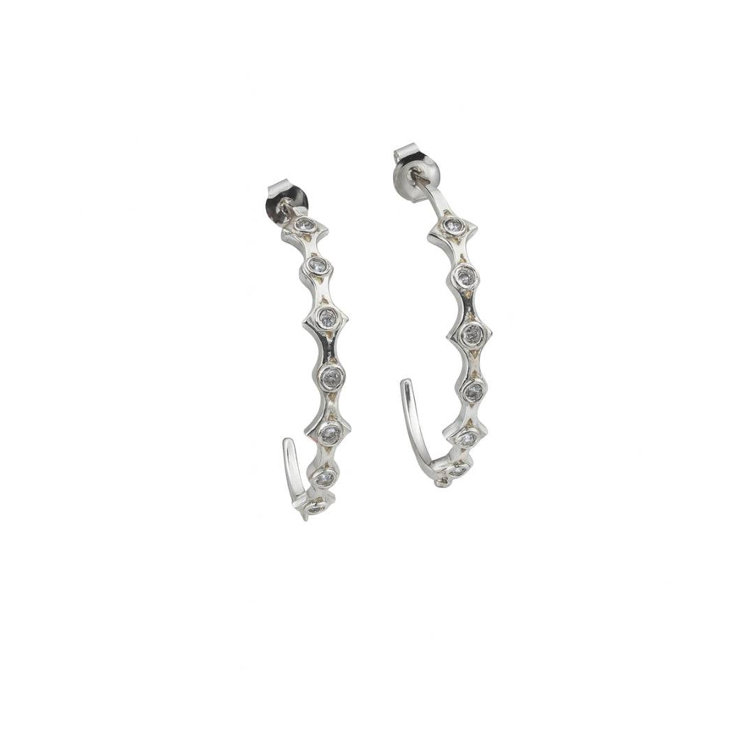 Silver diamond-shaped hoop earrings with CZ stones