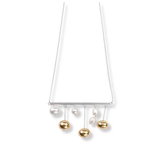 Abstract Pendant Necklace - White And Golden Pearls (Project Handmade)