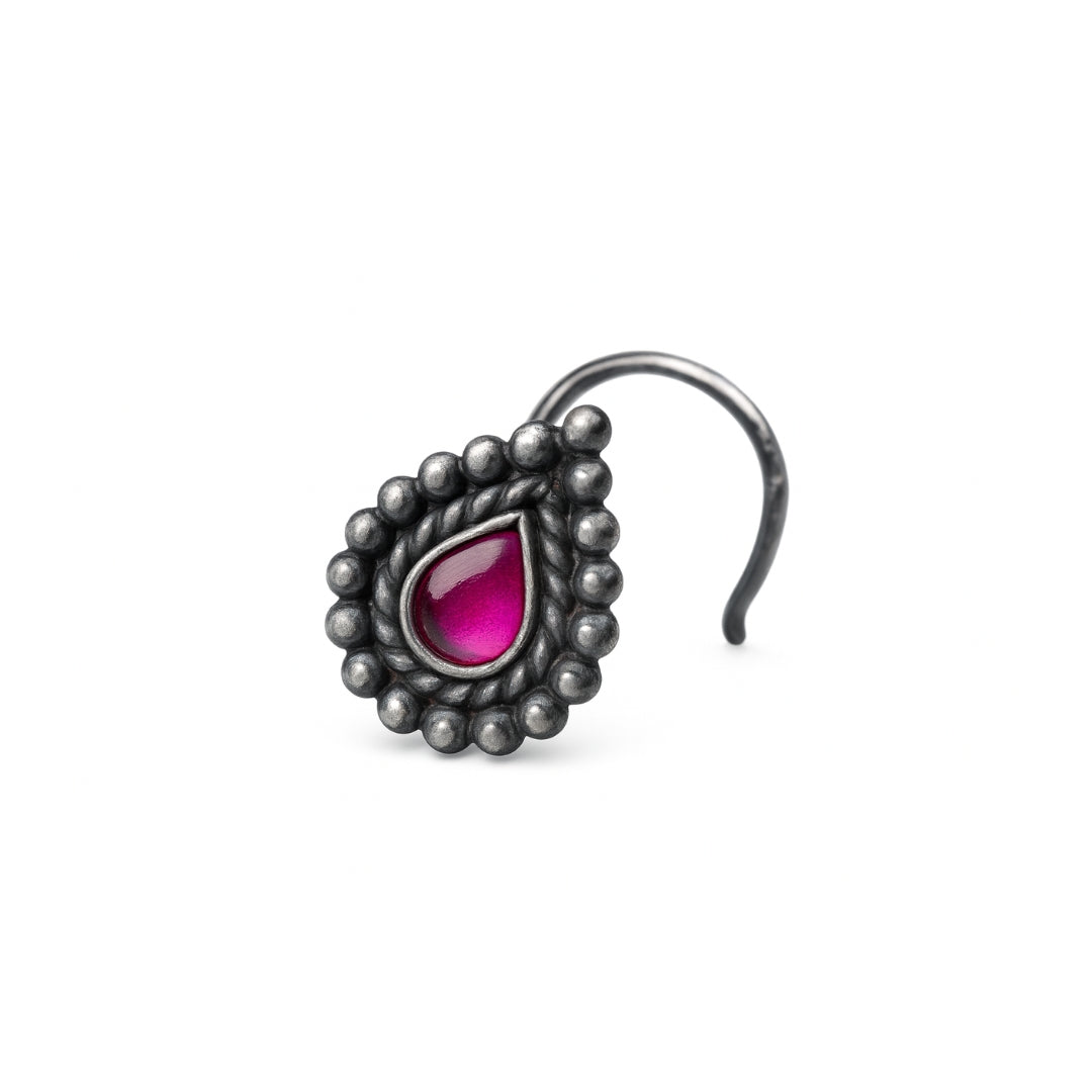 Parna nose pin pierced with pink stone in 92.5 sterling silver