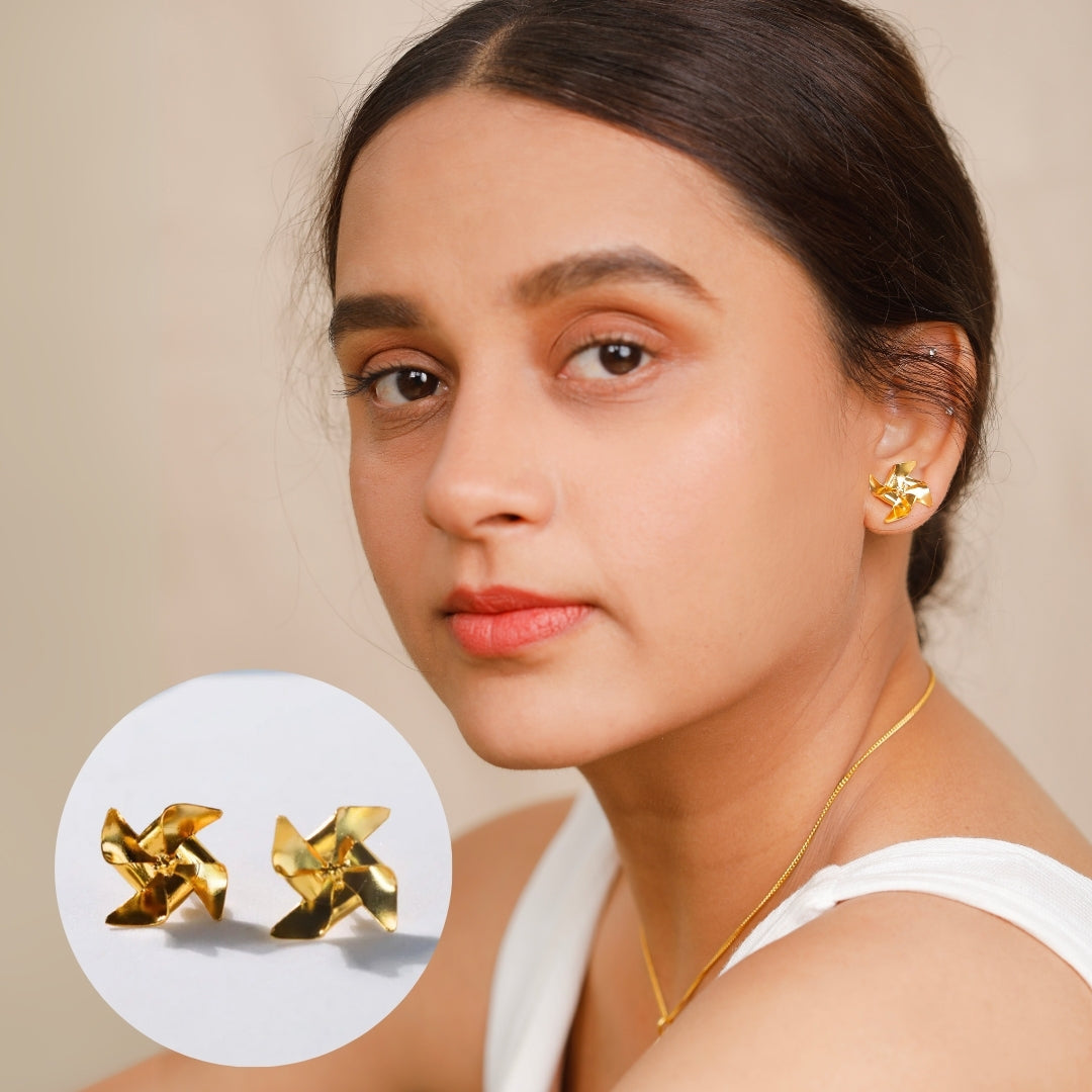 Pinwheel Studs - Fold Earring |  92.5 Silver | 22K Gold Plated