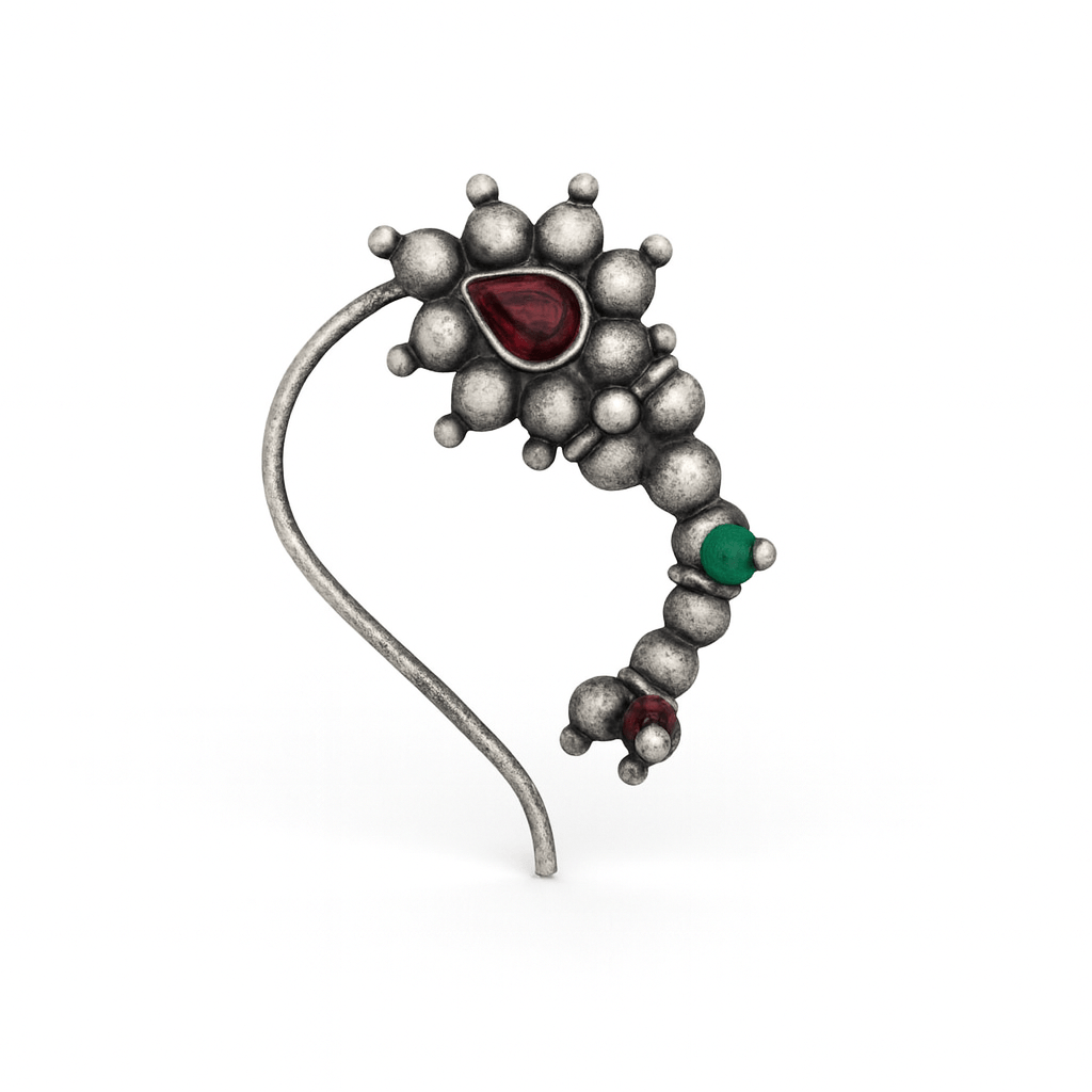 Silver Maharashtrian Nath jewelry with red and green stones