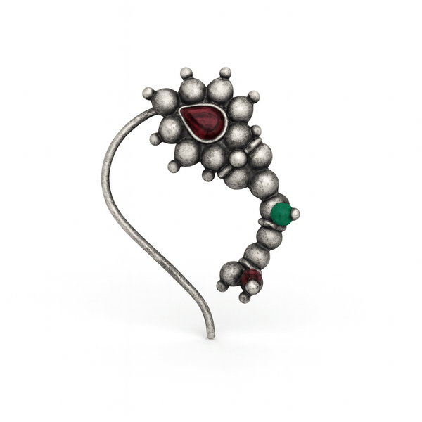 Silver Maharashtrian Nath jewelry with red and green stones
