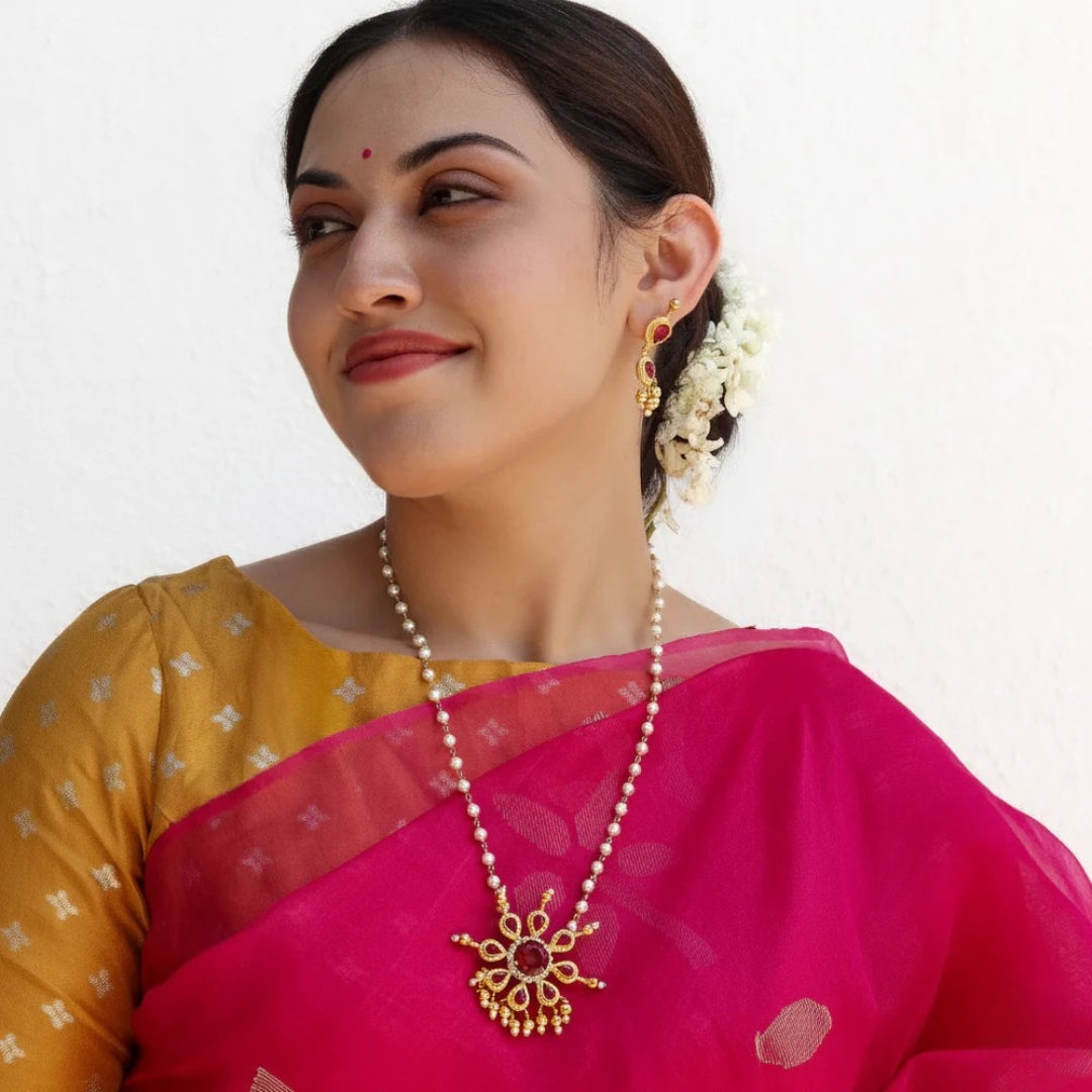 Silver Tanmani Pink Flower Pendant Set | 92.5 Silver | 22K Gold Plated