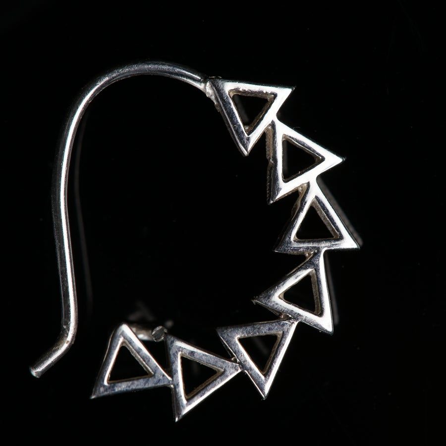 a pair of silver earrings with a black background
