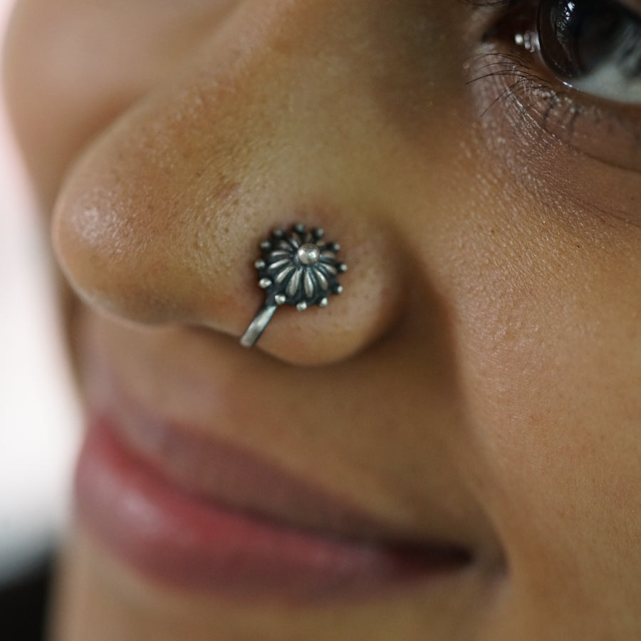 a close up of a person with a nose piercing