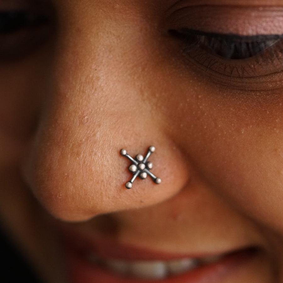 a close up of a person with a nose piercing