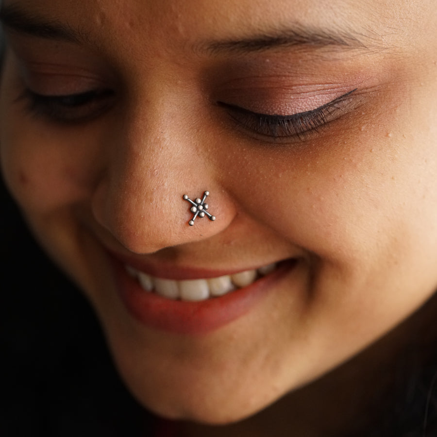 a close up of a person with a nose piercing