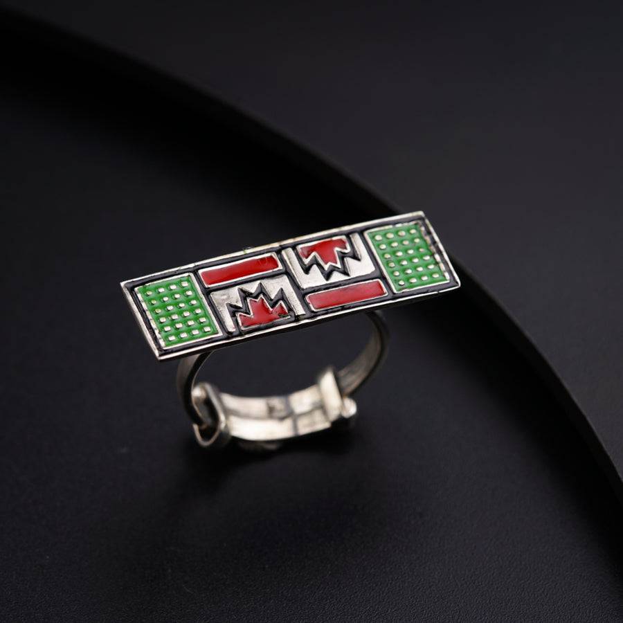 Silver enamel ring - red green