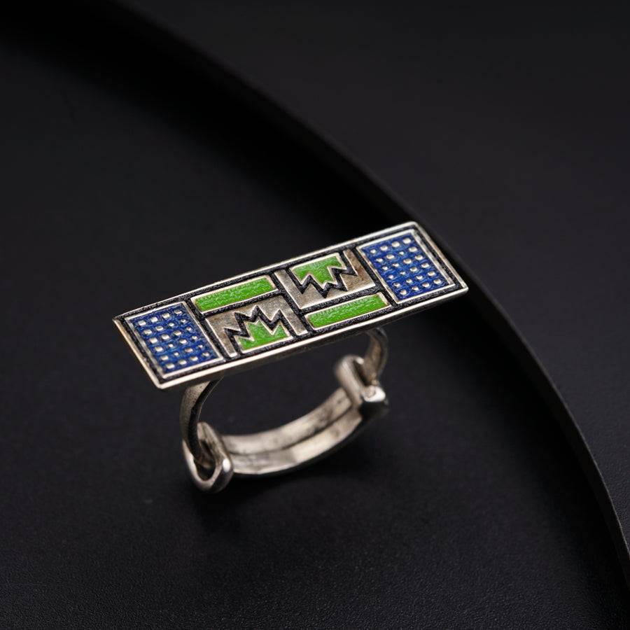 Silver enamel ring adjustable - blue green