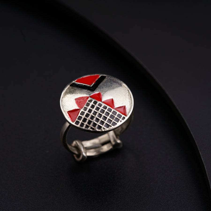 Silver Enamel Ring - Black and Red