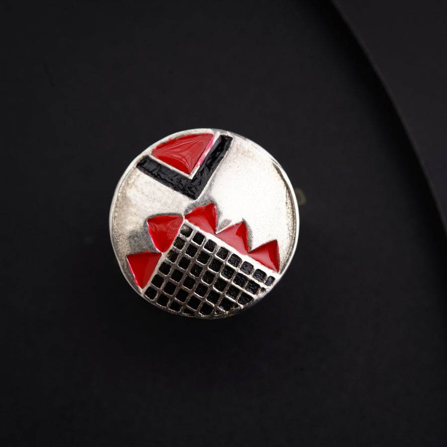 Silver Enamel Ring - Black and Red