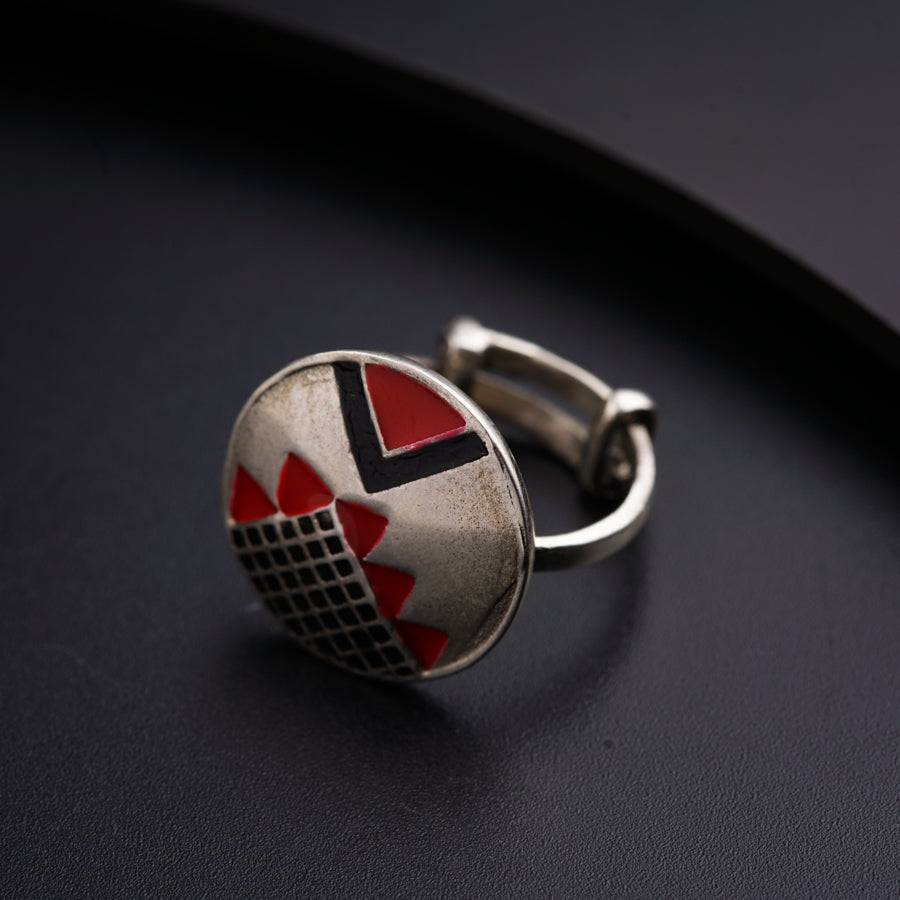 Silver Enamel Ring - Black and Red