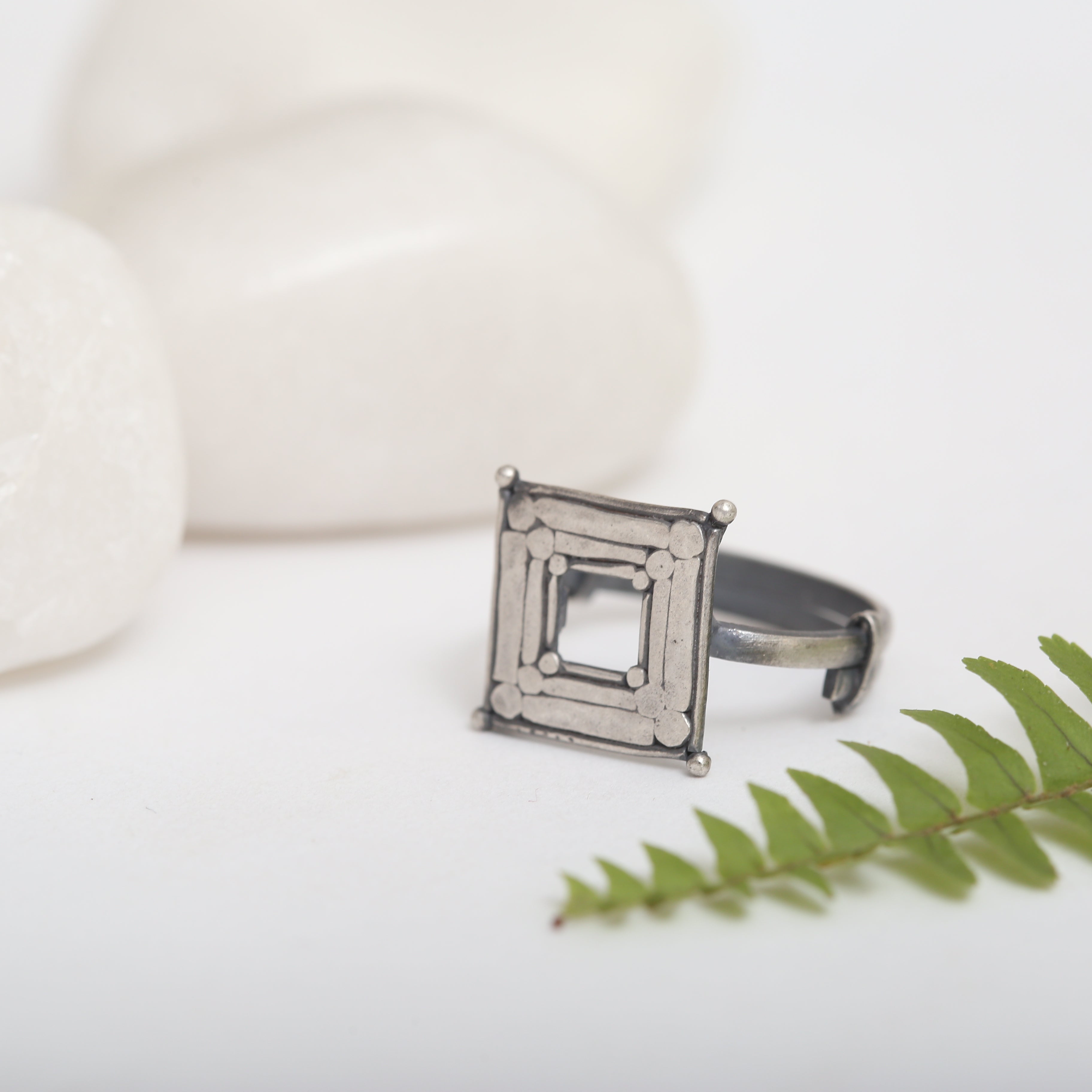 a ring sitting on top of a table next to a plant