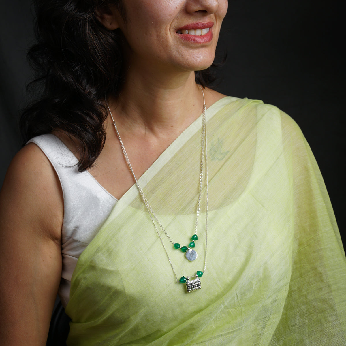 Silver two layered necklace with green onyx