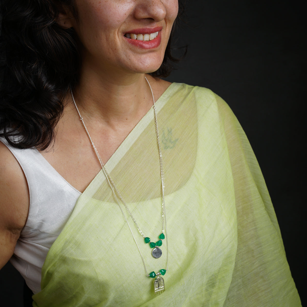 Silver two layered necklace with green onyx