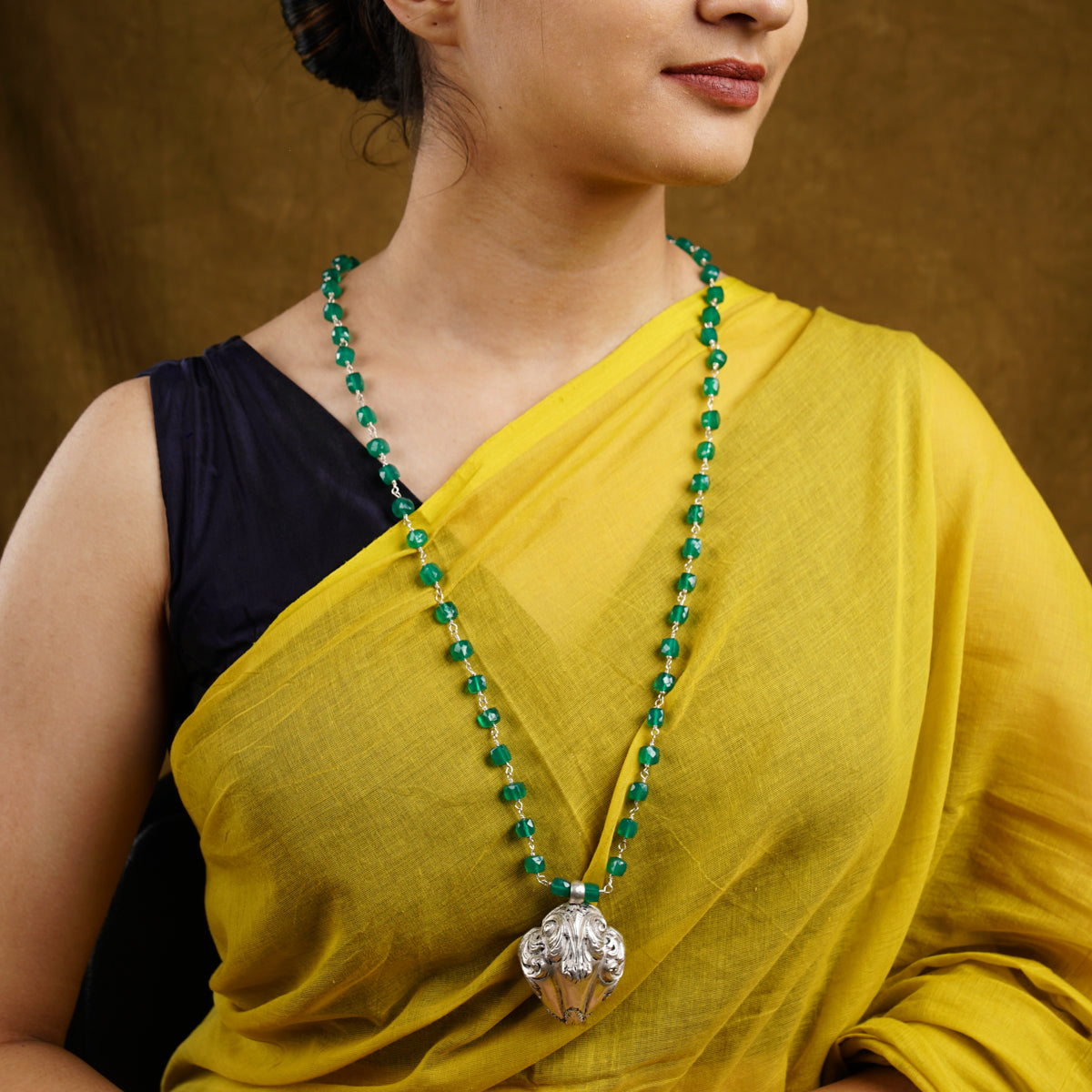 Silver Antique Tribal Pendant & Green Onyx Necklace