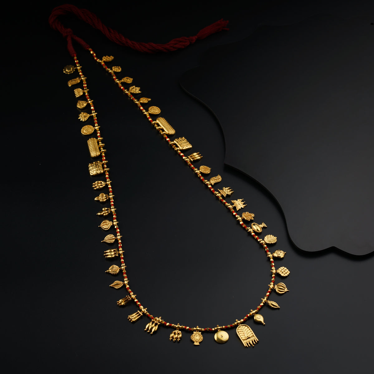 a long necklace with gold coins on a black background