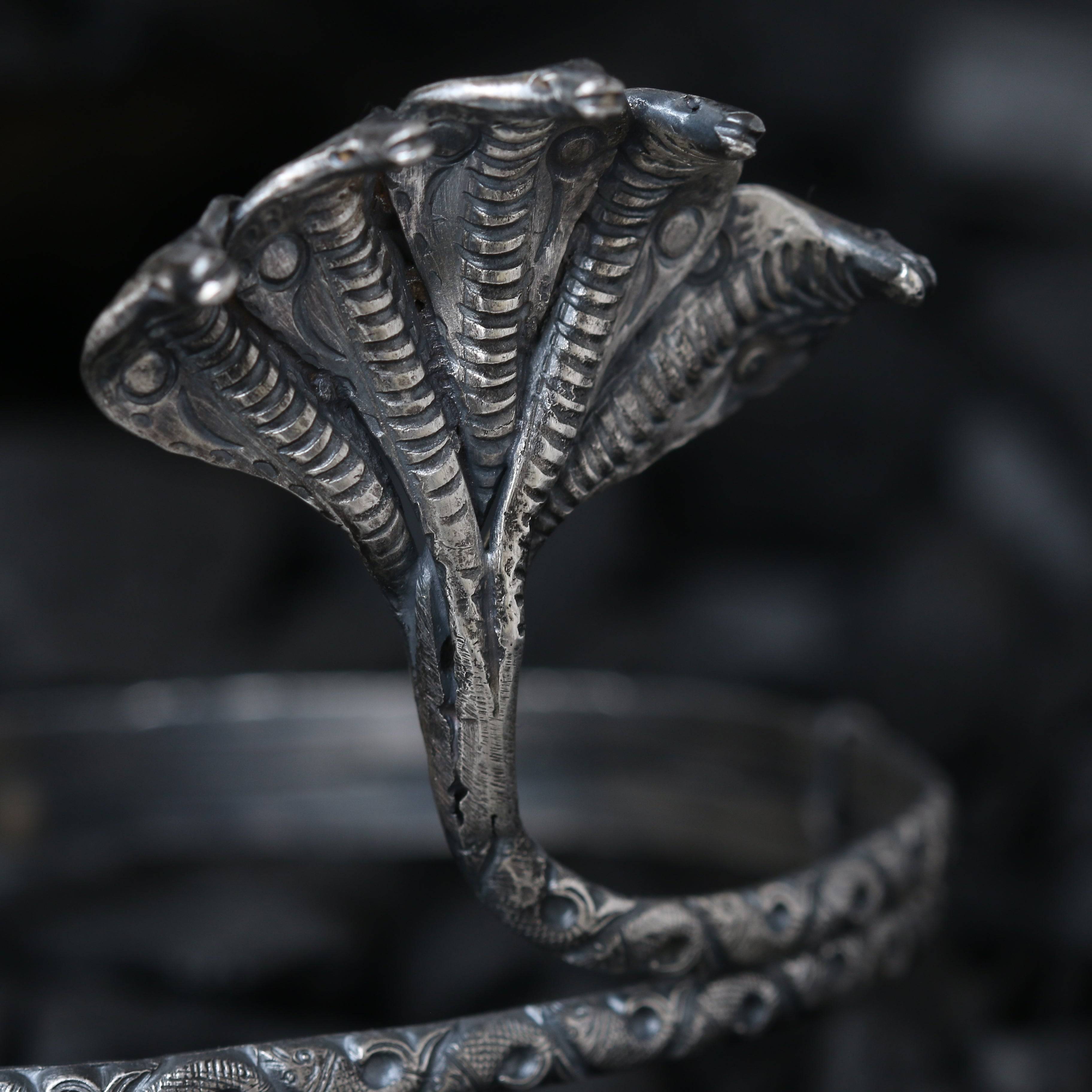a close up of a silver ring with a snake design on it
