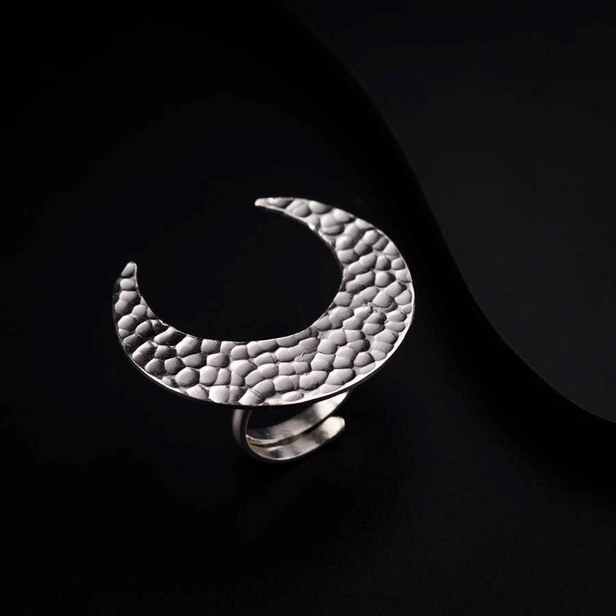 Silver Hammered Crescent Moon Shaped Ring