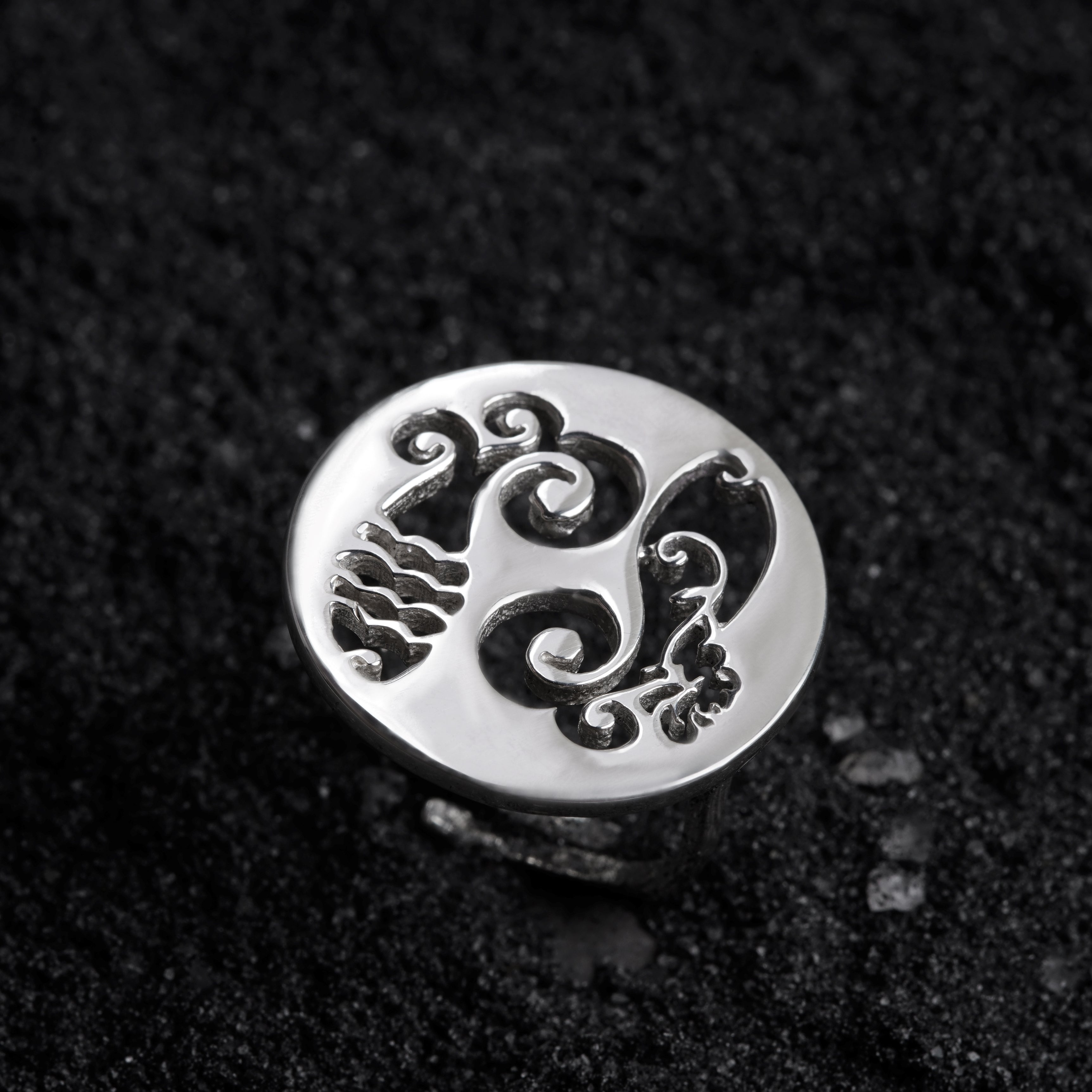 a black and white photo of a ring
