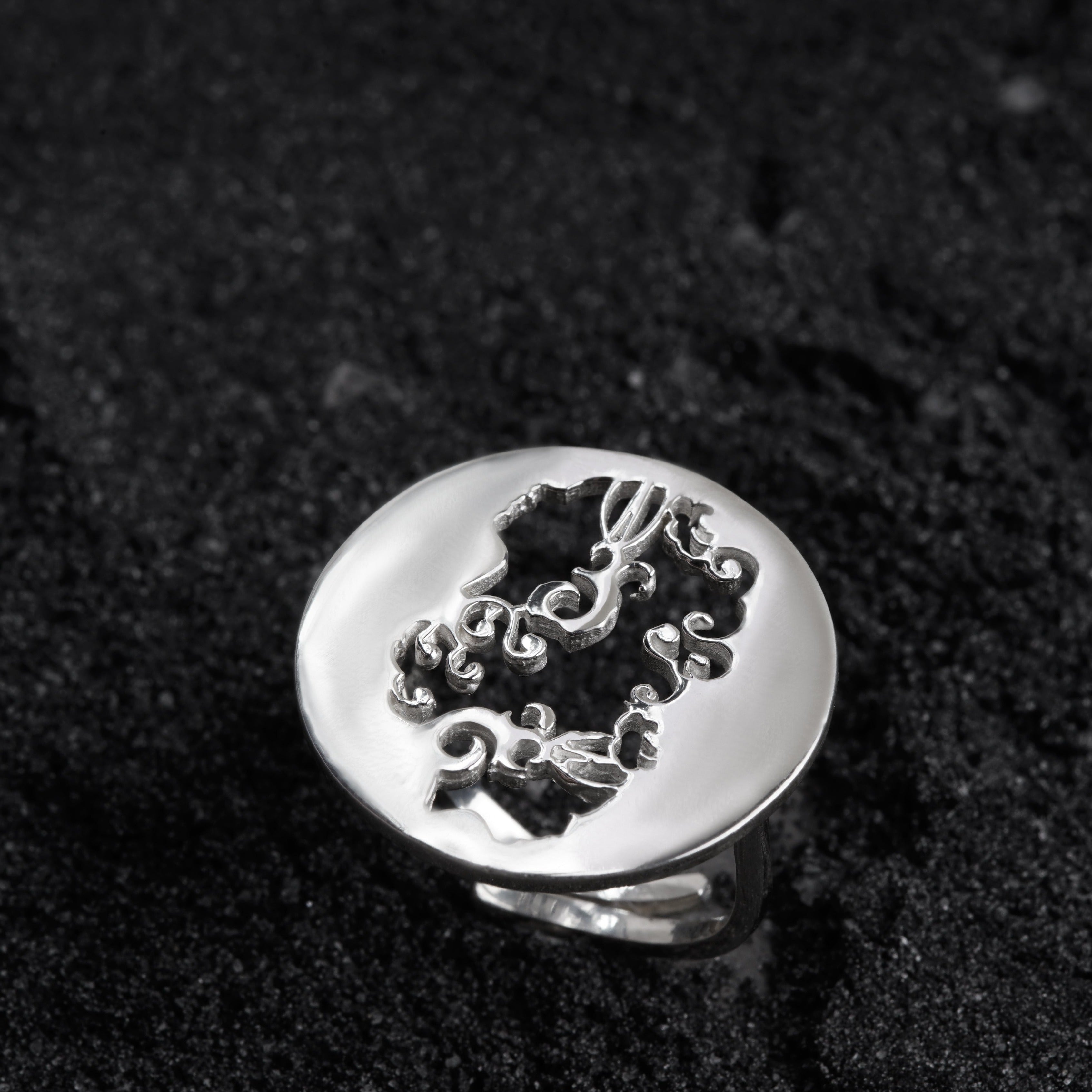 a black and white photo of a silver ring