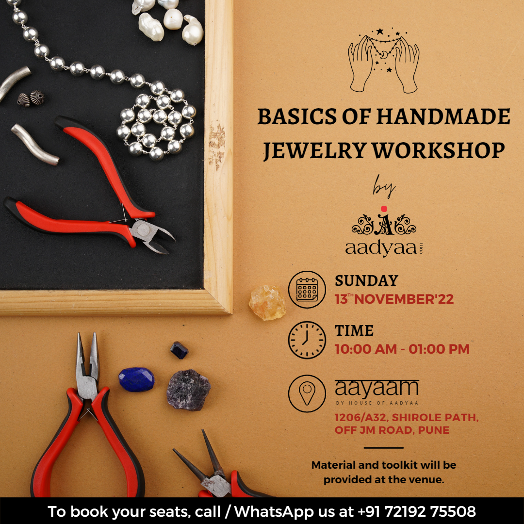 a poster for a jewelry workshop with scissors and beads