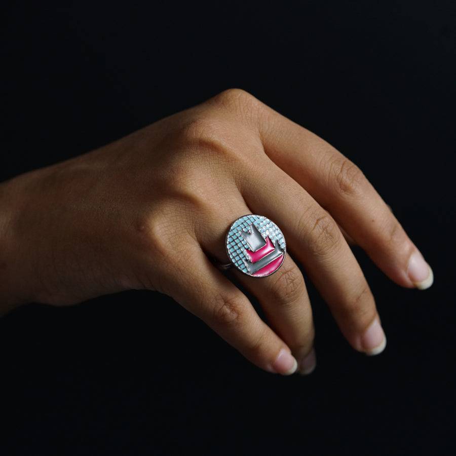 Silver Enamel Ring - Blue Grey Pink