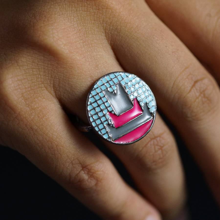 Silver Enamel Ring - Blue Grey Pink