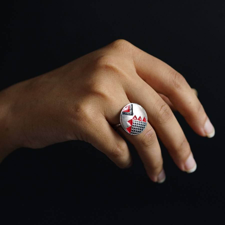 Silver Enamel Ring Black and Red