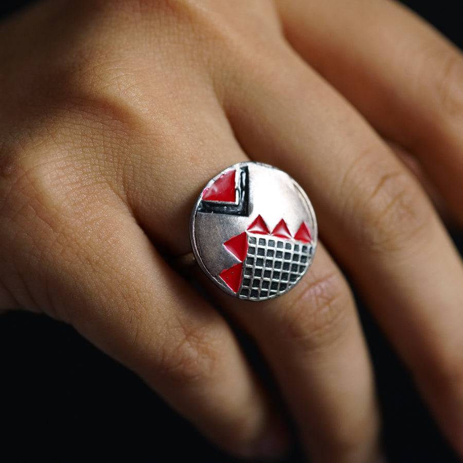 Silver Enamel Ring - Black and Red