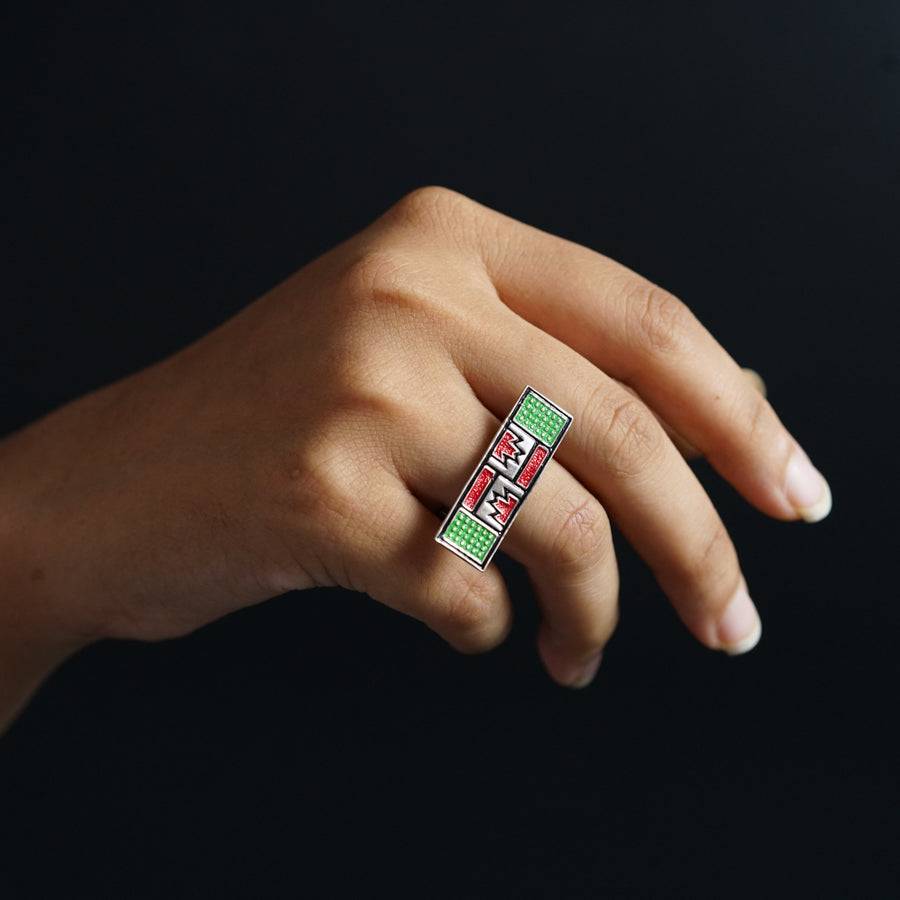 Silver enamel ring - red green